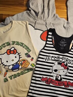 Lot Of 3 Hello Kitty Sanrio Tops, Tank, Tshirt, Cropped Sweatshirt.